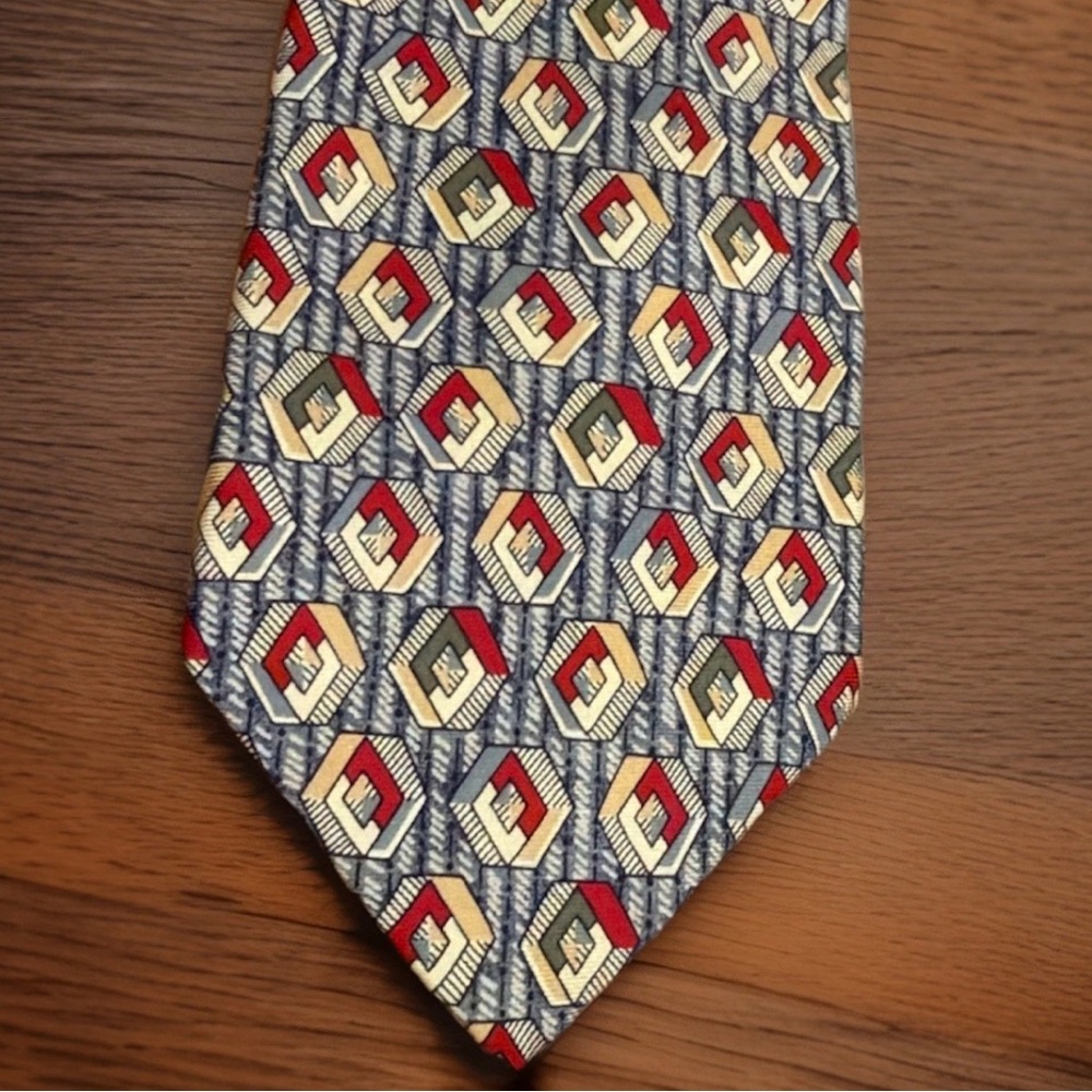 Paris Vintage Geometric Silk Tie Red Blue Beige Green USA 62.5x3.75 Bold Print